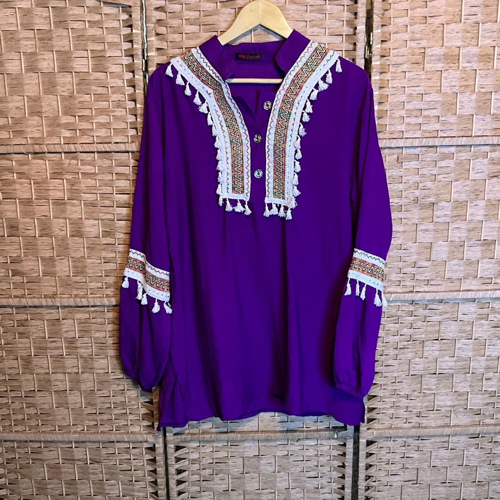 Dahab Purple Embroidered Tassel Tunic Blouse Top Women's Long Sleeve Boho Hippie